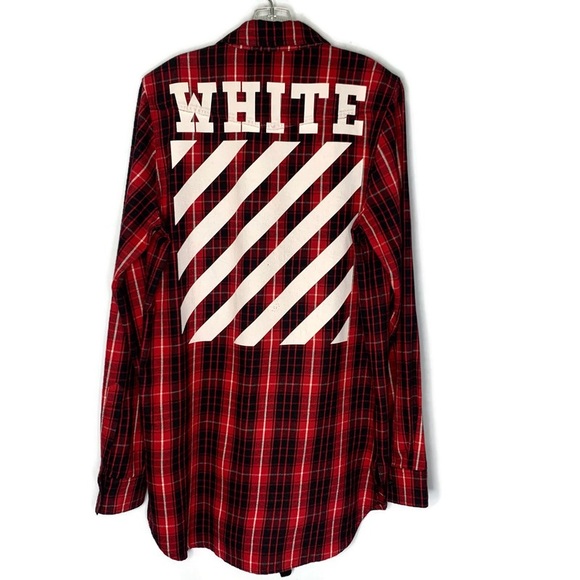 Off-White Red Black Plaid Check Flannel Buttoned Down Extra Long Shirt Size S - Picture 9 of 15